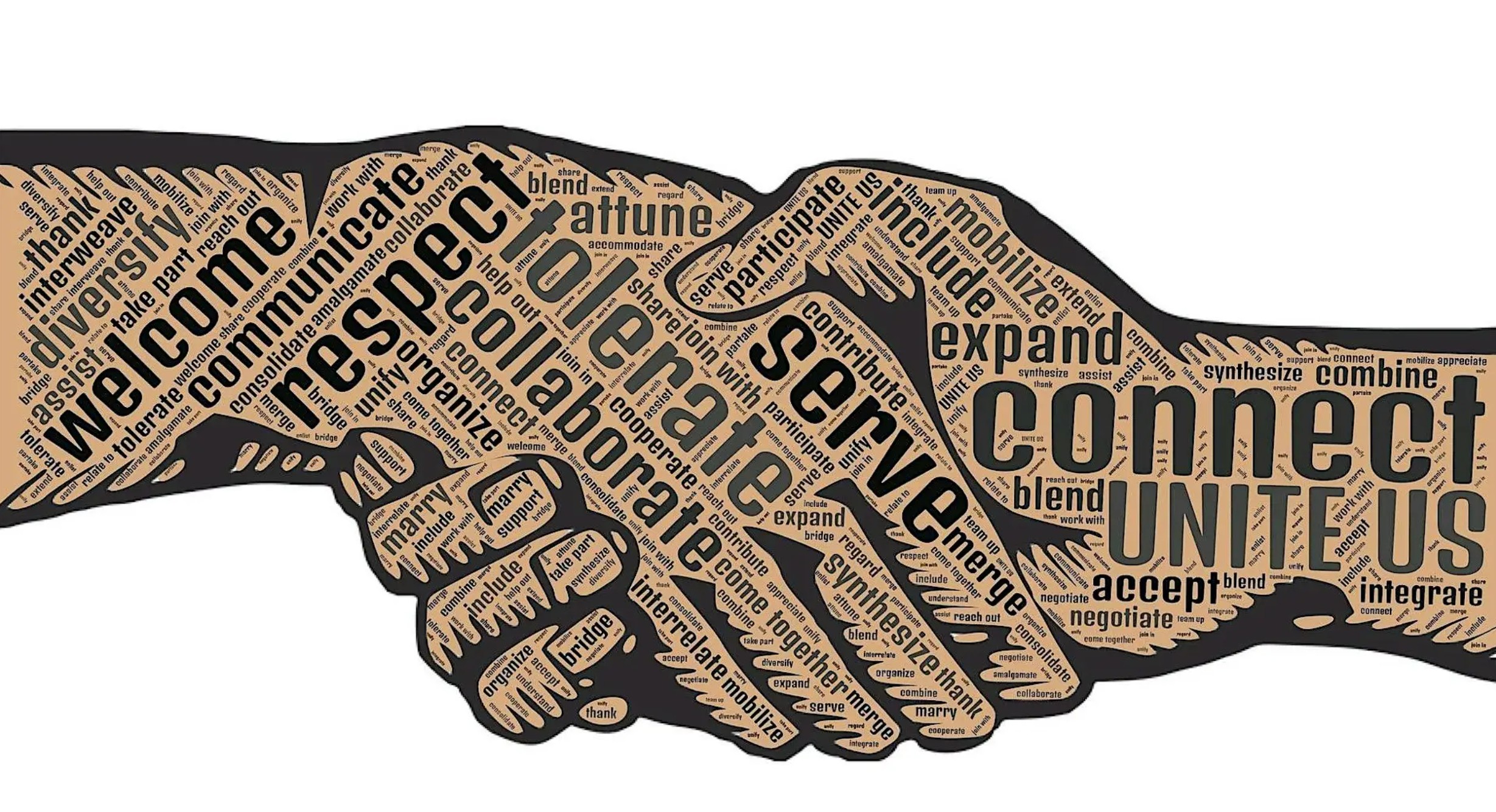 Illustration of Shaking hands with a word cloud inside