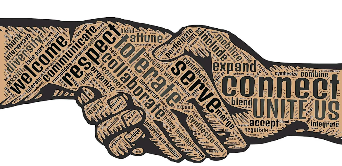 A word cloud over an illustration of hands shaking
